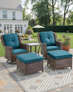 3 Piece Patio Swivel Chairs and Side Table Set - High Back Outdoor Brown Wicker Rattan Rocking Glider with Thick Cushions for Porch Apartment Deck Yard Poolside Garden - Peacock Blue