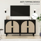 Black Sideboard Cabinet with 4 Rattan Doors, Rattan Buffet Cabinet with Adjustable Shelves & Pine Legs, Boho Sideboard Buffet for Living Room, Kitchen, Entryway, Black