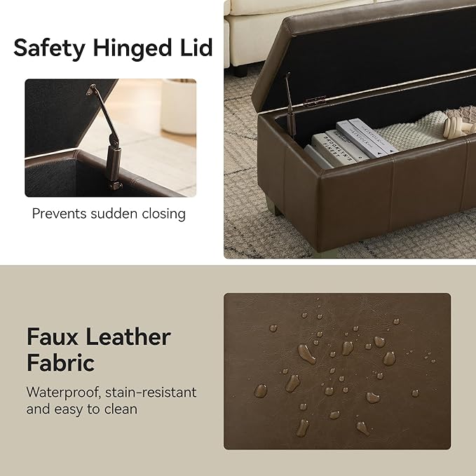 51" Faux Leather Storage Ottoman, Stitch Tufted Rectangle Upholstered End of Bed Storage Bench, Entryway Large Couch Ottoman with Wooden Legs, Coffee