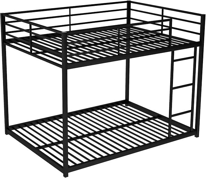 Full Over Full Metal Bunk Bed with Full-Length Guardrail,Low Bed Frame W/Ladder, Steel,No Noise,Bedroom Furniture for Adult Kid Boy Girl Teen,Black