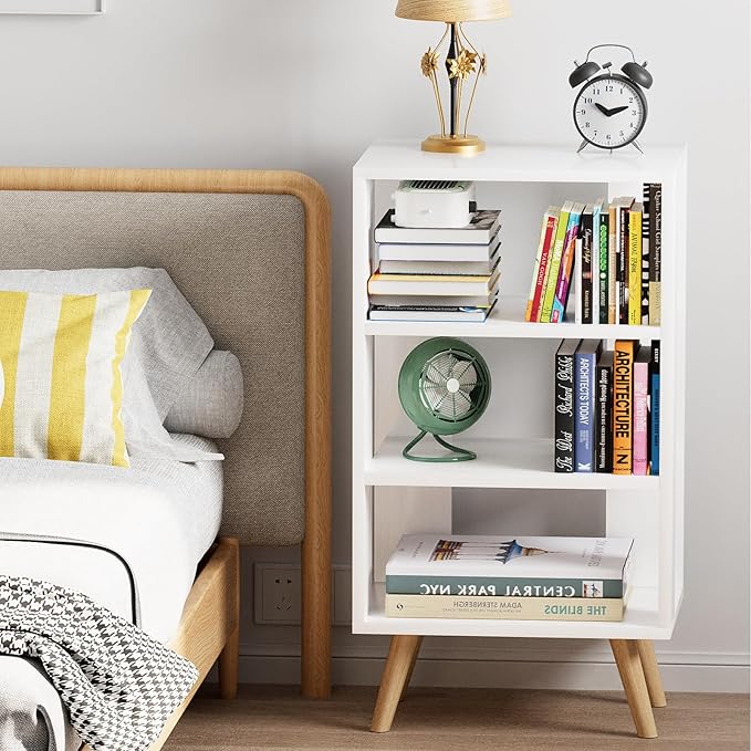 Night Stand, White Kids Nightstand, Modern End Table with Open Storage, 3-Tier Nursery Bedside Table for Small Space, Living Room, Bedroom