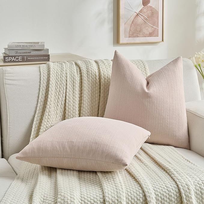 FUTEI Pink Decorative Throw Pillow Covers 22x22 Inch Set of 2,Soft Cozy Wheat Ear Striped Patterns Cushion Cases,Modern Home Decor for Couch Bed Living Room