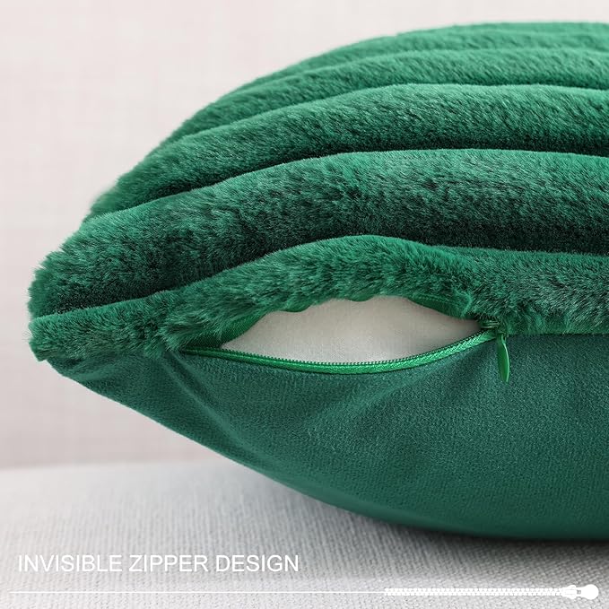 Pallene Faux Fur Plush Christmas Throw Pillow Covers 16x16 Set of 2, Luxury Soft Fluffy Striped Decorative Pillow Covers for Sofa, Couch, Living Room, Christmas Green