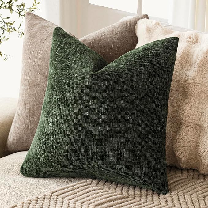 Foindtower Pack of 2 Soft Textured Chenille Throw Decorative Pillow Covers Square Accent Solid Cushion Cover Neutral Farmhouse Pillow Case for Couch Sofa Bedroom Living Room 22x22 Inch,Dark Green