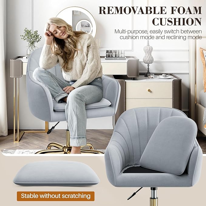 Comfy Home Office Desk Chairs Vanity Chair with Wheels Adjustable Modern Velvet Makeup Vanity Chairs for Bedroom Living Room（Grey）