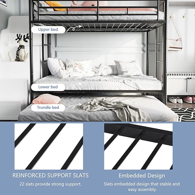 SUNLEI Metal Bunk Beds with Double Secured Ladders, Twin Bunk Bed with Surrounded Safety Guardrails, Space Saver Twin Beds, Noise Free for Small Bedroom, with Trundle Function, Black