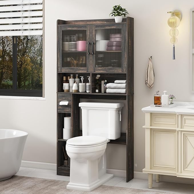 Over-The-Toilet Storage Cabinet, Farmhouse Style with 2 Acrylic Waves Doors, Space-Saving Home Storage Rack for Restroom, Bathroom and Laundry Room