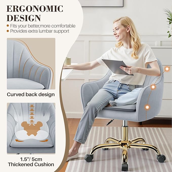 Comfy Home Office Desk Chairs Vanity Chair with Wheels Adjustable Modern Velvet Makeup Vanity Chairs for Bedroom Living Room（Grey）