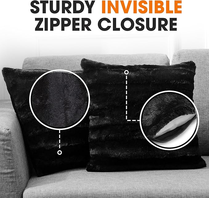 Cheer Collection Faux Fur Throw Pillows - Decorative Pillows for Couch, Bed Throw Pillows, Black Accent Pillows for Bedroom or Living Room Aesthetic, Set of 2 Furry Throw Pillows, 20" x 20"