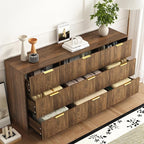 3-Piece Modern Bedroom Furniture Set, Wide 9-Drawer Dresser & 1-Drawer Nightstands Set of 2, Natural Wood Dresser and Nightstand Sets for Bedroom, Hallway, Walnut