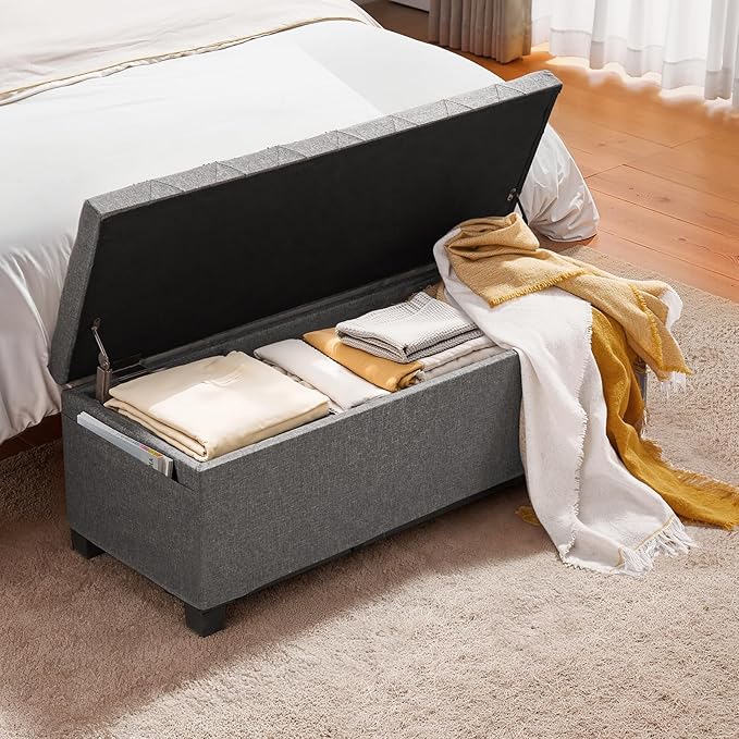VEVOR Storage Ottoman Bench, End of Bed Bench with 2 Side Bags, Fabric Upholstered with Metal Frame, Toy Box Storage, Bed Benches for Foot of Bed, Bench for Entryway, Living Room, Playroom, Gray
