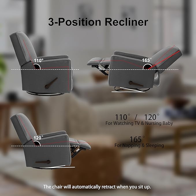 Harkawon Swivel Rocker Recliner Chair, Glider Rocker Recliner, Rocking Chair Nursery, Fabric Chair with High Back, Deep Seat, for Living Room, Bedroom (Dark Grey+Brown)