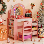 Costzon Kids Vanity, Girls Vanity Set with Lighted Mirror, Bookshelf, Jewelry Storage, Toddler Makeup Vanity Desk Dressing Table, Wooden Kids Vanity Table and Chair Set (Pink)