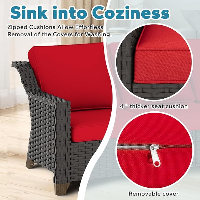 5 Pieces Outdoor Conversation Furniture Set - 4 PE Rattan Armchairs, 1 Metal Coffee Table, Patio Wicker Furniture Set with Water-Resistant Cushions for Swimming Pool, Sunroom (Red)