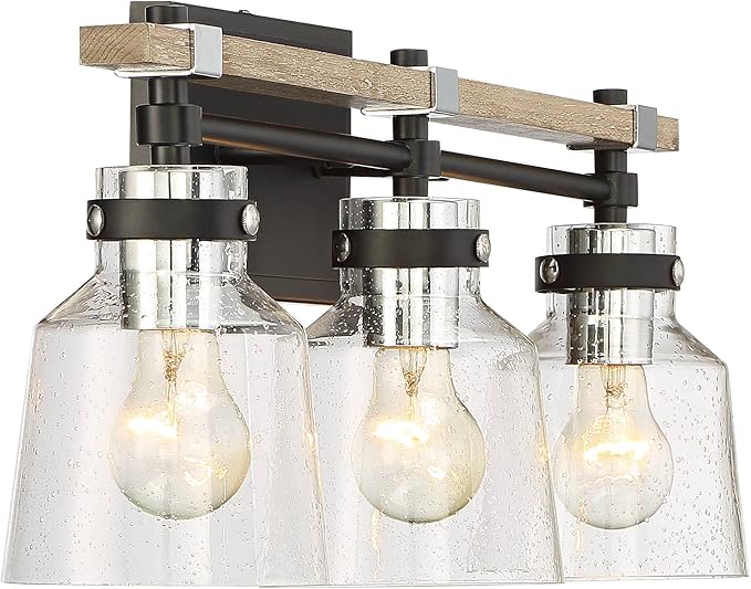Possini Euro Design Broadway Modern Industrial Wall Light Black Painted Faux Wood Hardwired 23" 3-Light Fixture Clear Seedy Glass Shade for Bedroom Bedside Bathroom Vanity Living Room Hallway House