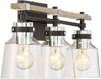 Possini Euro Design Broadway Modern Industrial Wall Light Black Painted Faux Wood Hardwired 23" 3-Light Fixture Clear Seedy Glass Shade for Bedroom Bedside Bathroom Vanity Living Room Hallway House