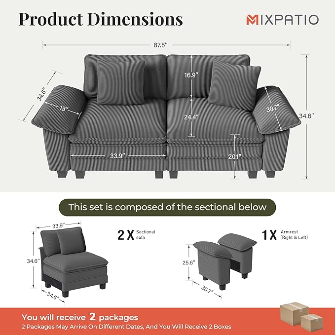 87" Cloud Modular Sectional Loveseat, 2-Seater w/Deep Seat & Removable Arms, Plush Corduroy for Small Living Room & Apartment - Gray