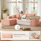 106" Cloud Sectional Couch with L-Shape Chaise & Ottoman, No Assembly Modular Sofa, Deep Seat Plush Corduroy Boneless Couched for Living Room (Pink Plush Corduroy, Left Facing Chaise with Ottoman)