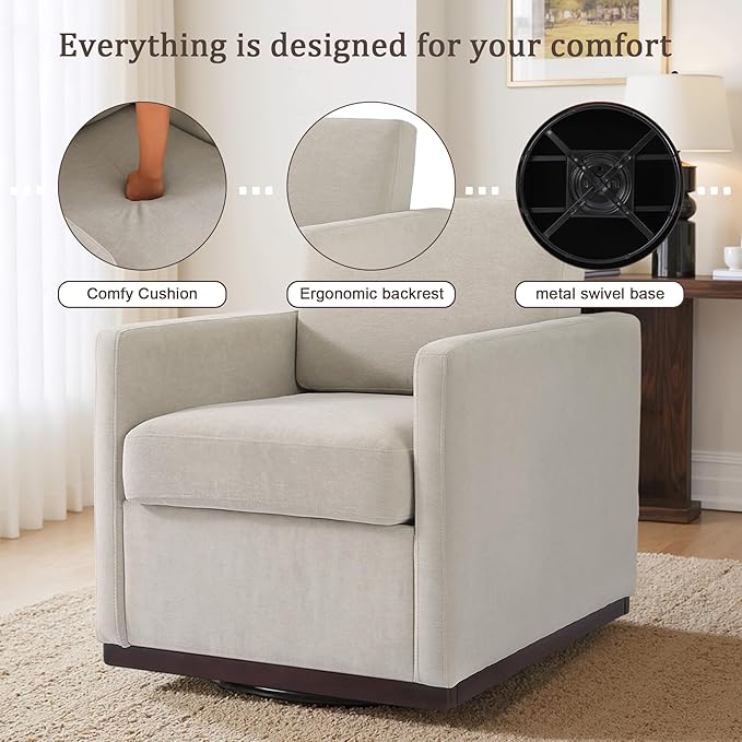 UIXE Swivel Accent Chairs Set of 2, Chenille Upholstered Armchair Comfy Club Chair for Living Room, Mid Century Modern Arm Chair Single Sofa Nook Bedroom Side Reading Seat - Beige
