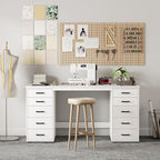 WOPITUES 60" Modern Home Office Desk with 10 Wooden Drawers, Computer Writing Desk with Power Outlets, Large Executive Desk with Storage Cabinet for Work Study Writing Craft, Pure White