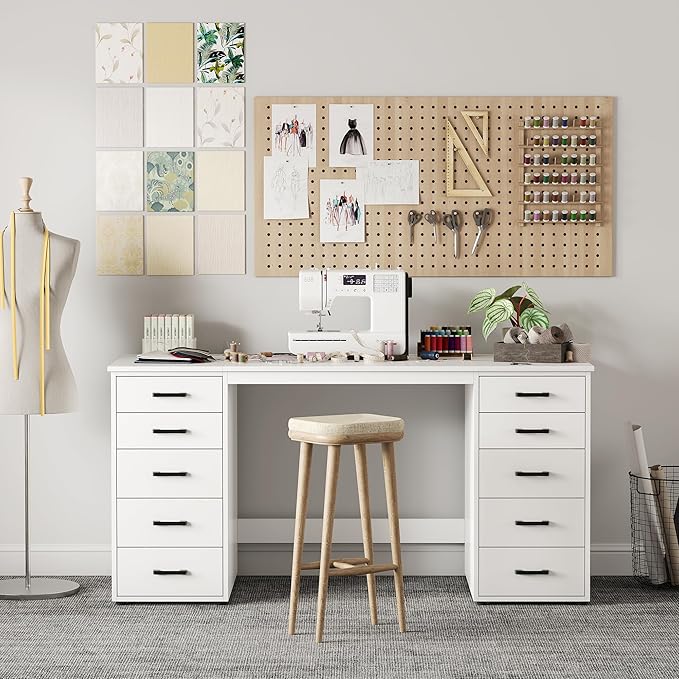 WOPITUES 60" Modern Home Office Desk with 10 Wooden Drawers, Computer Writing Desk with Power Outlets, Large Executive Desk with Storage Cabinet for Work Study Writing Craft, Pure White