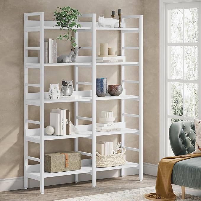 Tribesigns 5-Tier Industrial Bookshelf, 71”H x 47”W Etagere Bookcase, Freestanding Double Wide Book Shelf for Storage and Display, Wood and Metal Bookshelves for Living Room Home Office, White