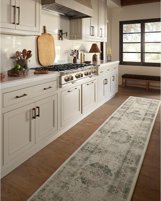 RUGGABLE Washable Vintage Area Rug – Sarrah Sage 6 ft Round, Stain-Resistant, Non-Slip – Medium Machine Washable Rugs for Living Room, Bedroom, Hallway, Entryway & Office–with Cushioned Pad