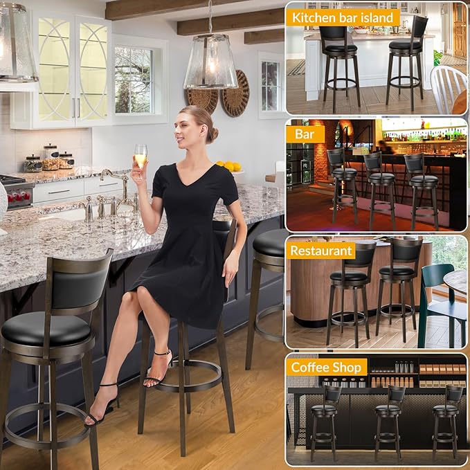 PrimeZone Swivel Bar Stools Set of 1, 30 Inch Bar Height Barstools, Black Faux Leather Bar Stool with High Backrest & Solid Wood Legs & Wrap-Around Footrest, Counter Stools for Kitchen Island, Pub