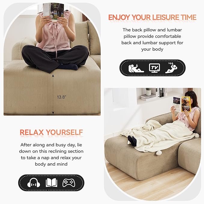 103'' Boneless Corduroy L Shaped Couch, 3 Seat Modular Sectional Deep Seat Sofa with Chaise Lounge, No Assembly Cloud Lounge Sleeper Sofa, Camel