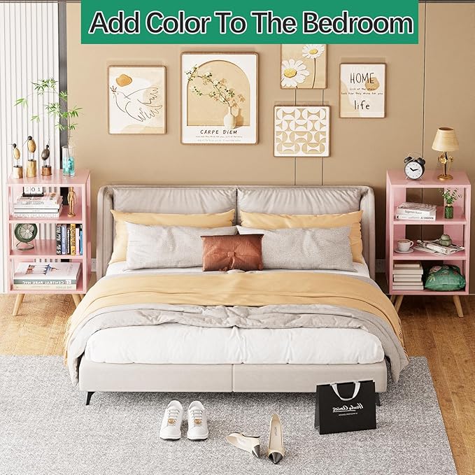 Night Stand, Pink Kids Nightstand, Modern End Table with Open Storage, 3-Tier Nursery Bedside Table for Small Space, Living Room, Bedroom