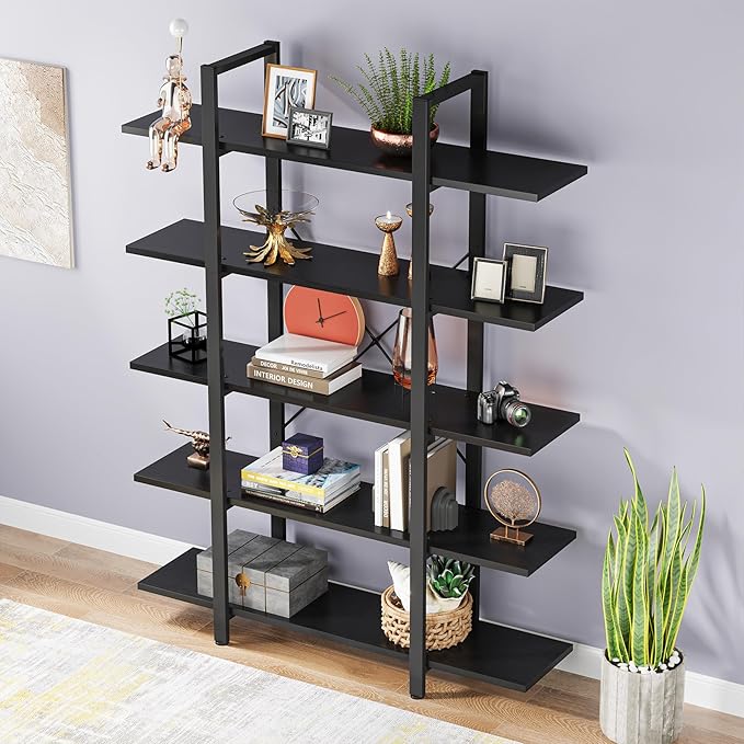 Tribesigns 5-Tier Bookshelf, Vintage Industrial Style Bookcase 72 H x 12 W x 47L Inches, Black