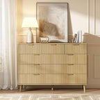 CARPETNAL Fluted 9 Drawer Dresser for Bedroom, 55" Wide Wooden Chest of Drawers with Rounded Corners, Gold Handles, Modern Storage Organizer for Bedroom, Hallway (Oak)