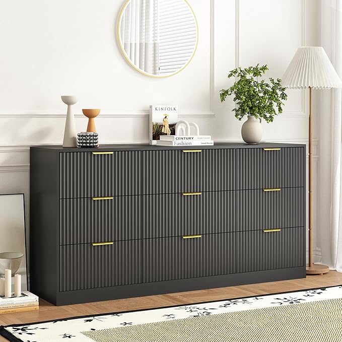 3-Piece Modern Bedroom Furniture Set, Wide 9-Drawer Dresser & 1-Drawer Nightstands Set of 2, Natural Wood Dresser and Nightstand Sets for Bedroom, Hallway, Black