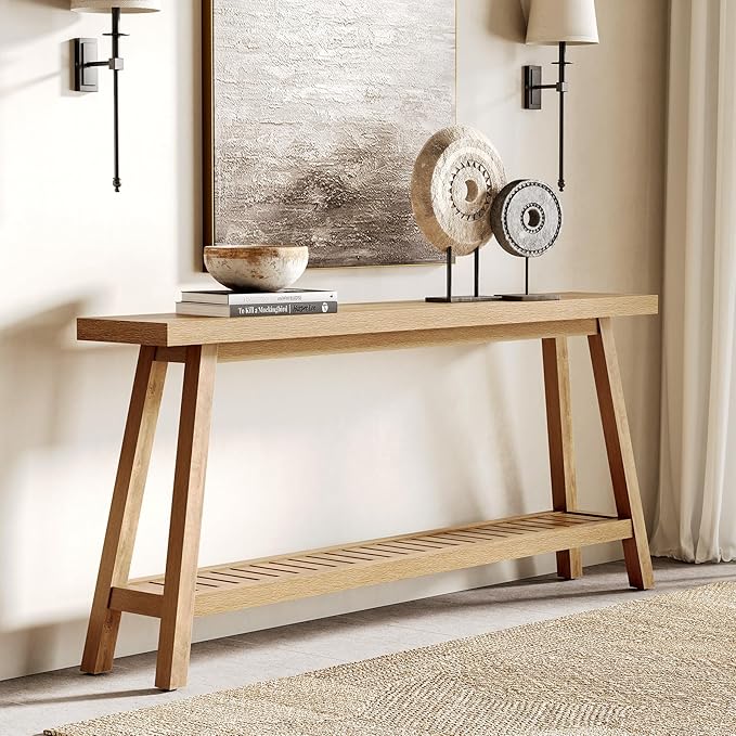 LITTLE TREE 70.9 Inches Extra Long Console Table for Entryway, 2-Tier Narrow Wood Sofa Table Behind Couch, Large Sofa Table for Living Room, Light Brown Hallway Entry Table with Storage