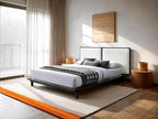 Nord Queen Size Wood Platform Bed | Box Spring Not Required | Black Frame and Cream Beige Boucle