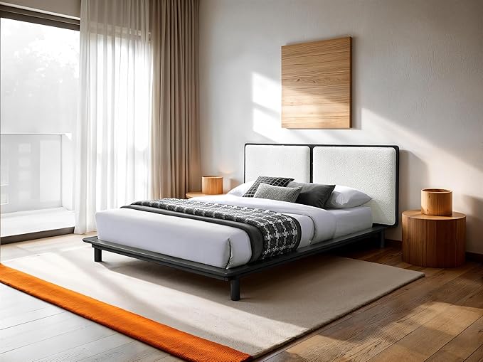 Nord Queen Size Wood Platform Bed | Box Spring Not Required | Black Frame and Cream Beige Boucle