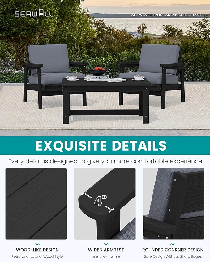 SERWALL HDPE Outdoor Couch Set of 2, Black Frame and Grey Cushion