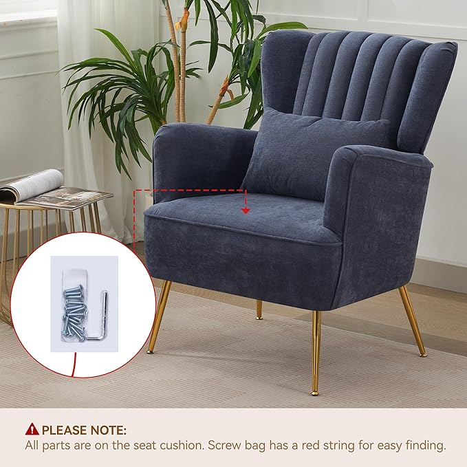 Fabric Accent Living Room Arm Chair Set of 2 Mid Century Modern Chairs with Pillow & Golden Legs, 8.5" Thick Cushion, Upholstered Comfy Sofa Armchair for Reading Room/Bedroom, Navy