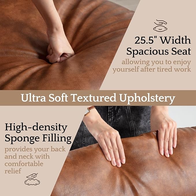 LukeAlon Modern PU Leather Accent Armchairs Set of 2, Upholstered Lounge Chair with Brass Metal Frame Thickened Cushion Single Sofa Chair Leisure Chair with Lychee Grain for Bedroom Living Room, Brown