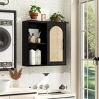 RUSTOWN Boho Rattan Wall Cabinet, Midcentury Bathroom Cabinet with Sliding Door, Adjustable Shelves, Over The Toilet Storage Cabinet (Black)