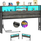 Aheaplus Headboard for King Size Bed with Storage, Headboards with Outlets, USB Ports and LED Light, King Size Head Board Only, Height Adjustable, Reversible, Sturdy and Stable Headboard, Black Oak