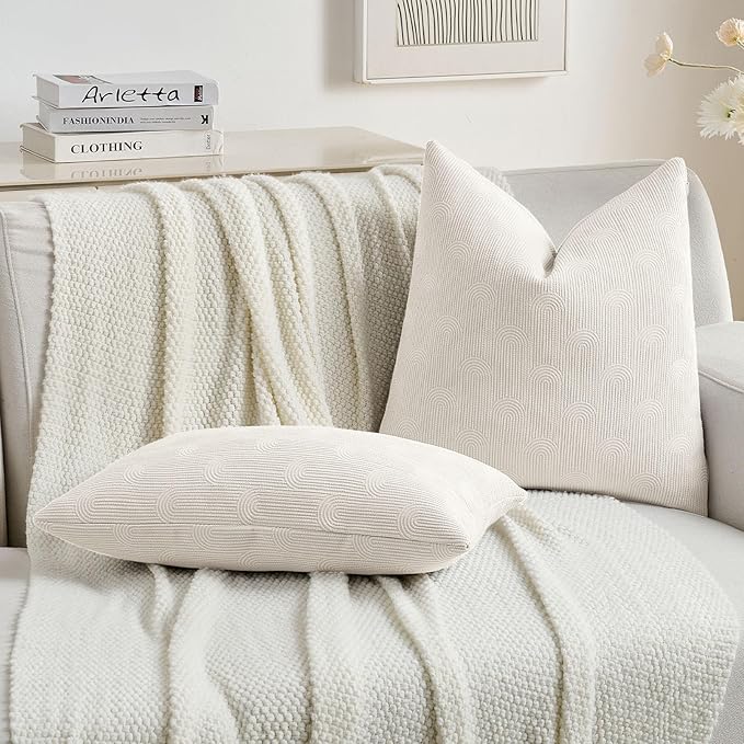 FUTEI Cream Chenille Decorative Throw Pillow Covers 18x18 Inch Set of 2,Soft Cozy Striped Geometric Patterns Cushion Cases,Modern Home Decor for Couch Bed Living Room