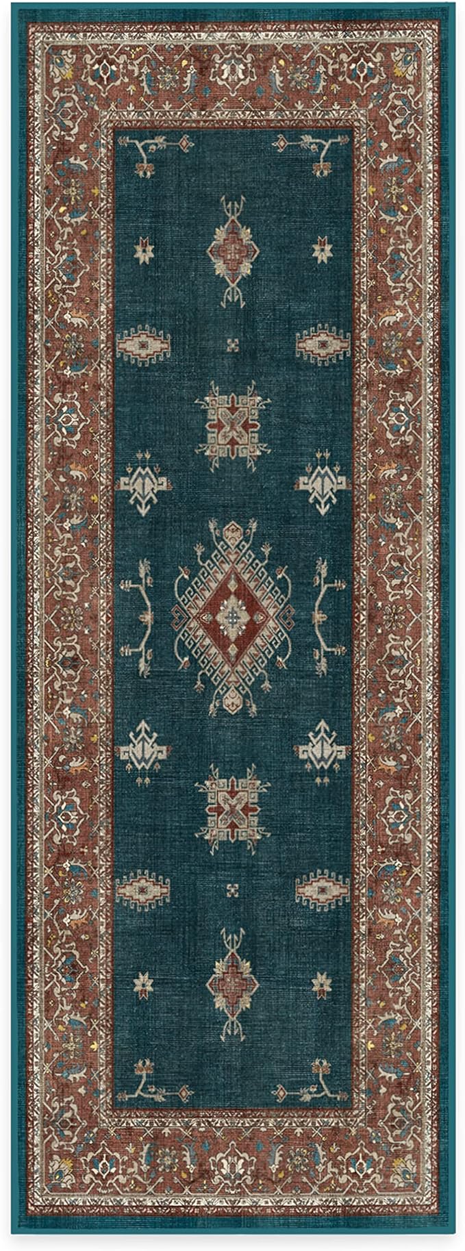 RUGGABLE Washable Vintage Runner Rug – Verena Teal Blue 2.5x7, Stain-Resistant, Non-Slip Hallway Runner – Machine Washable Rug for Hallway, Entryway, Living Room & Kitchen–with Standard Pad