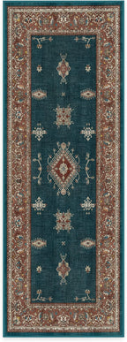 RUGGABLE Washable Vintage Runner Rug – Verena Teal Blue 2.5x7, Stain-Resistant, Non-Slip Hallway Runner – Machine Washable Rug for Hallway, Entryway, Living Room & Kitchen–with Cushioned Pad