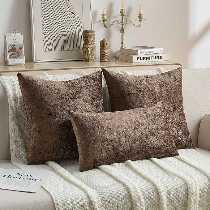 FUTEI Dark Coffee Flannel Throw Pillow Covers 22x22 Inch Set of 2,Soft Dimensional Textured Cushion Cases,Modern Home Decor for Couch Living Room