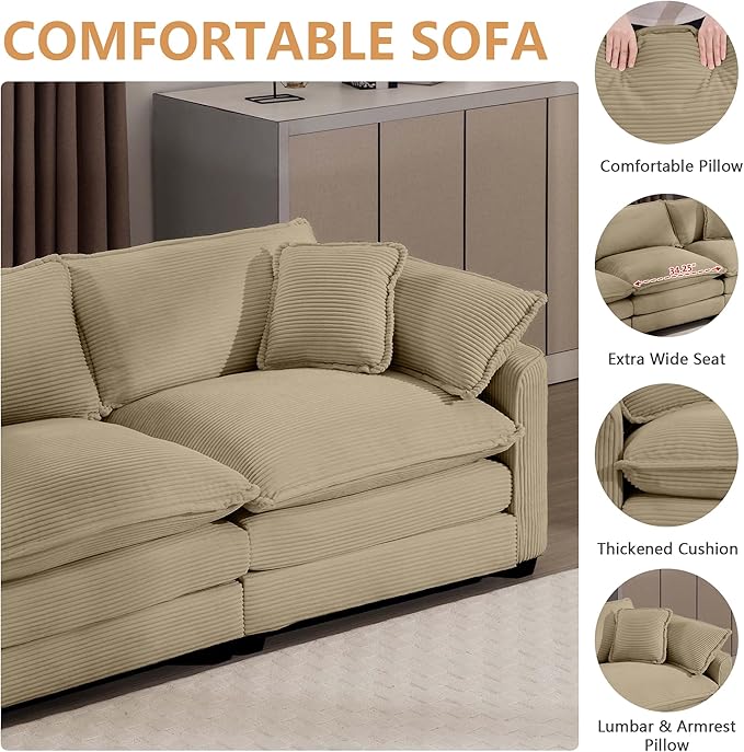 mikibama Luxury 3 Piece Sofa Set, Loveseat Couch & 2 Single Sofa Set, Modern Corduroy Comfy Cloud Couches Set for Living Room Office with 2 Armrest Pillows and 4 Toss Pillows, Camel