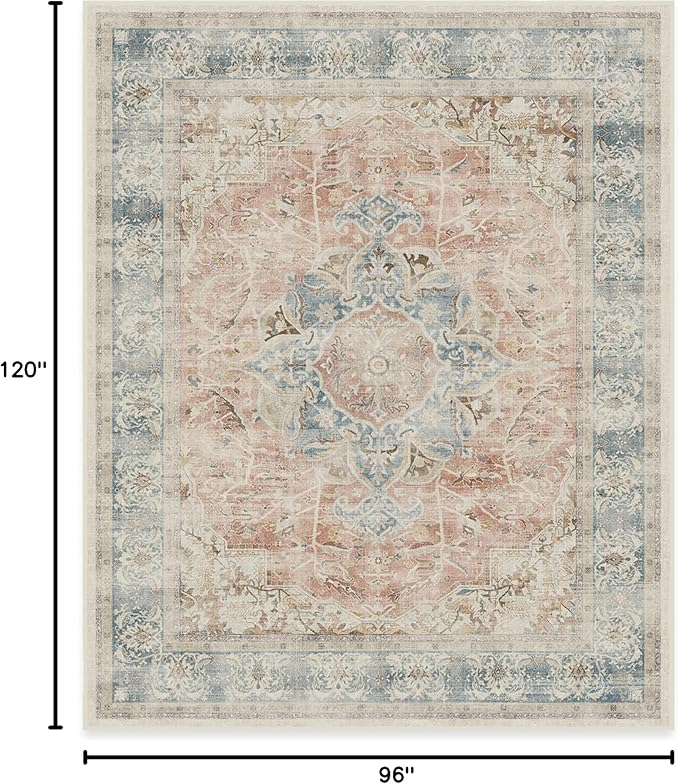 RUGGABLE Washable Vintage Area Rug – Sarrah Coral 8x10, Stain-Resistant, Non-Slip – Large Machine Washable Rugs for Living Room, Bedroom, Hallway, Entryway & Office–with Standard Pad