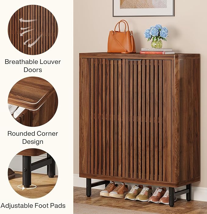Tribesigns Shoe Cabinet with Shutter Doors, 6-Tier Entryway Shoe Cabinet with Adjustable Shelves, Wooden Modern Rack Organizer for Entryway, Hallway, Closet, Living Room, Walnut