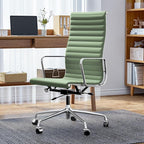 Ribbed Office Chair with Top Grain Leather - High Back Ergonomic Desk Chair with Aluminum Arm Rest and 5-Star Base, Swivel Chairs Light Green