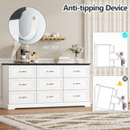 9 Drawer Dresser for Bedroom, 63" Wide Wooden Chest of Drawers, Rustic Farmhouse Dresser with Large Drawers & Metal Handles, Modern Storage Organizer for Closet, Living Room, Hallway, White